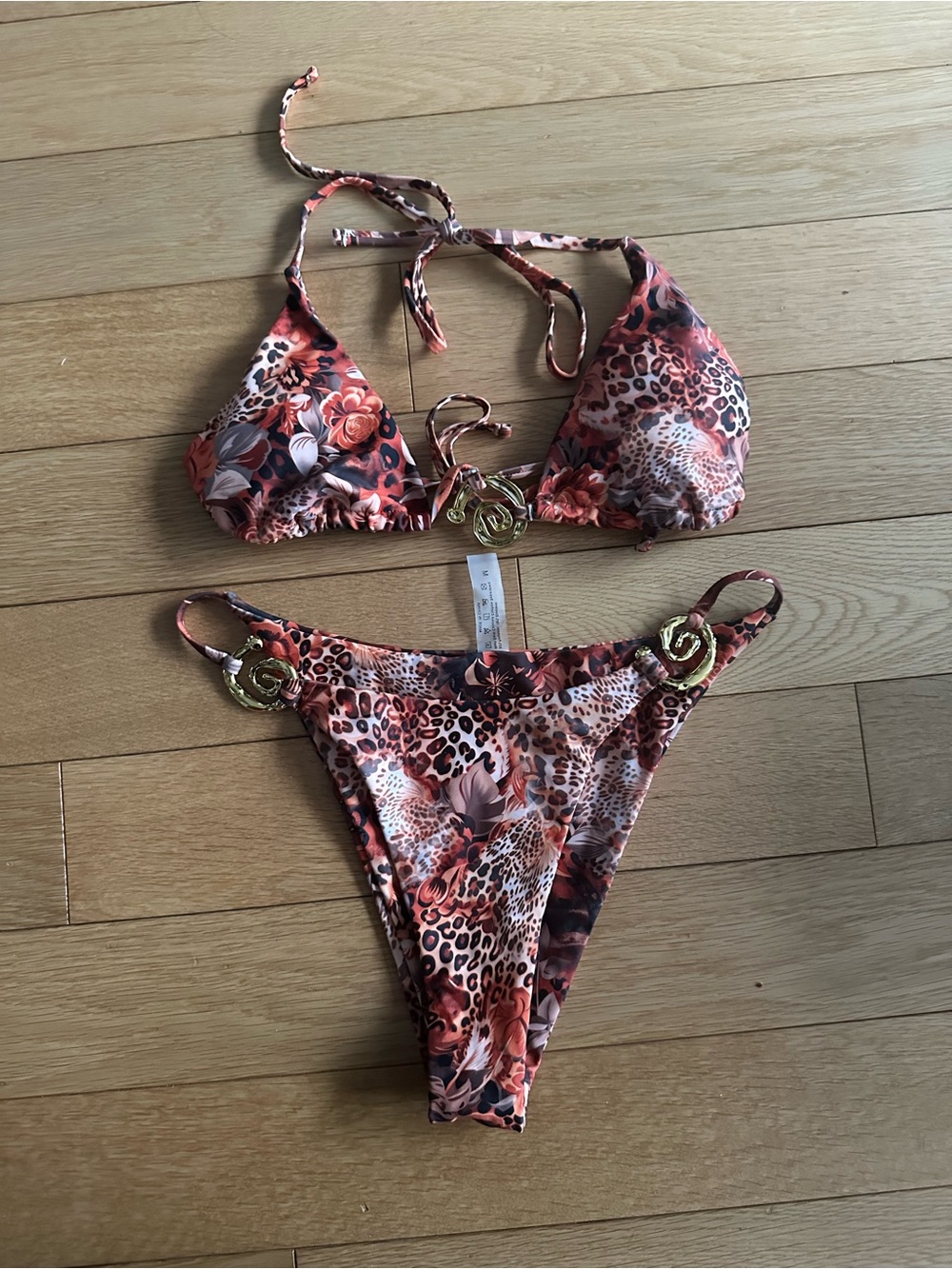 Fashion Nova Floral Leopard Print Coral & Brown Bikini Set